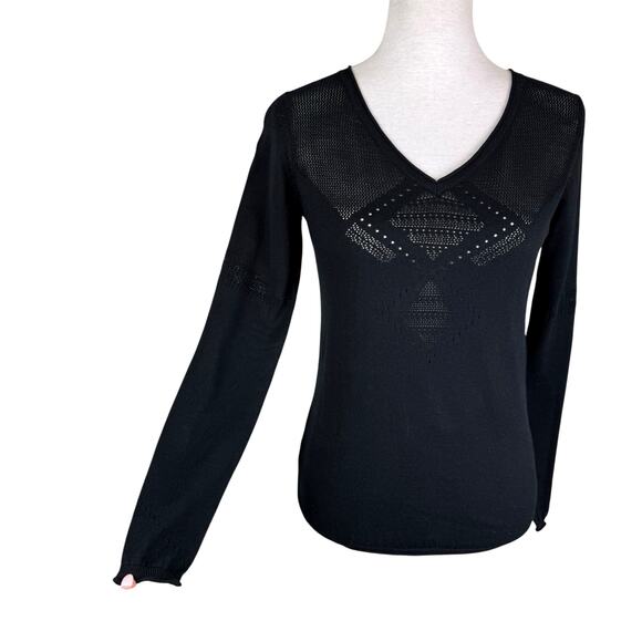 Worth New York Black Long Sleeve 100% Cotton Open Knit Cut Out V-Neck Sweater - Picture 2 of 11